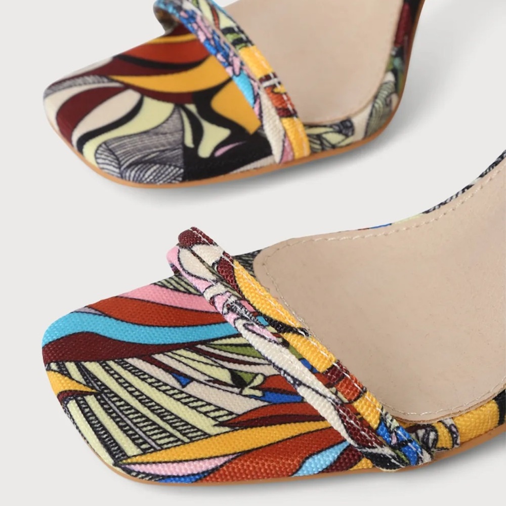New Lulu's Wiley Multi Print Square toe Lace Up High Heel Sandals size 8 - Picture 5 of 11